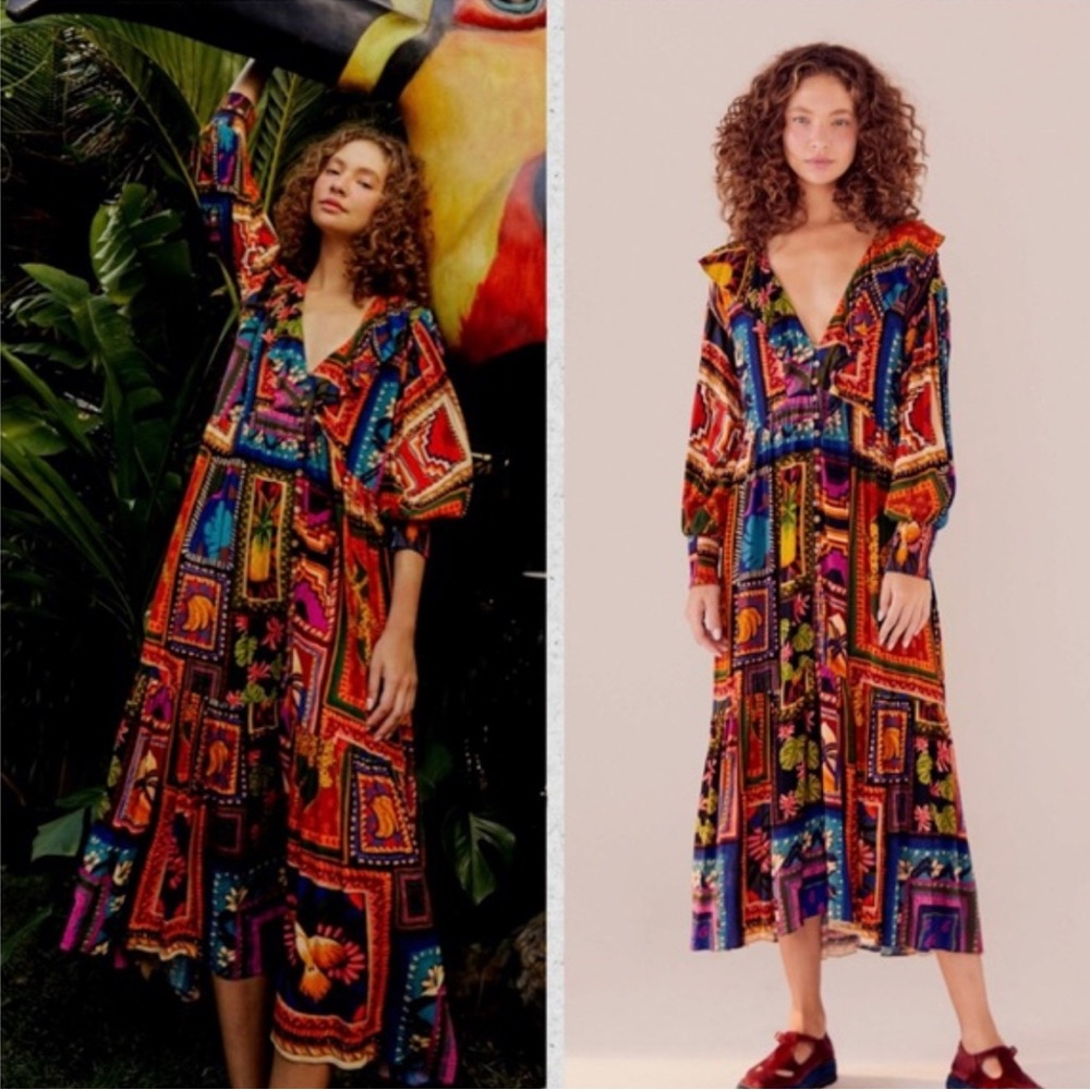 Farm Rio women’s Patchwork Tapestry ankle maxi Dress ruffle V-neck‎ tiered red M - Picture 2 of 11